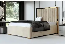 SUDAN łóżko tapicerowane 180x200 na nóżkach z ozdobną złotą listwą i przeszyciami pionowymi