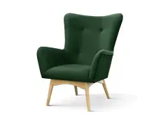 AKSEL elegancki fotel Uszak na drewnianej nodze, butelkowa zieleń