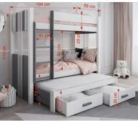 ANDY młodzieżowe łóżko piętrowe 3 osobowe 80x180 z szufladami biały / antracyt