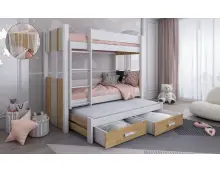 ANDY młodzieżowe łóżko piętrowe 3 osobowe 80x180 z szufladami biały / dąb shetland