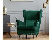 OD RĘKI ! Fotel uszak VELUTTI V5G w kolorze pięknej butelkowej zieleni  Riviera 38+ drewniane nóżki