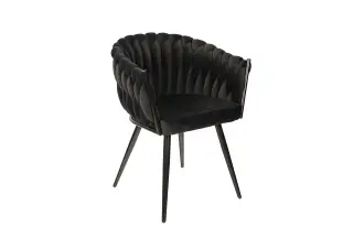 FIBI krzesło z podłokietnikami w czarnej tkaninie velvet, plecione oparcie, czarna metalowa rama