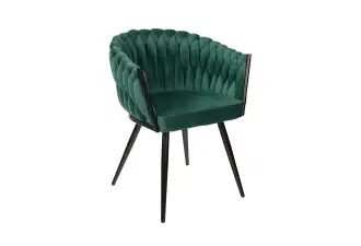 FIBI krzesło z podłokietnikami w tkaninie velvet w kolorze zielonym, plecione oparcie, czarna metalowa rama