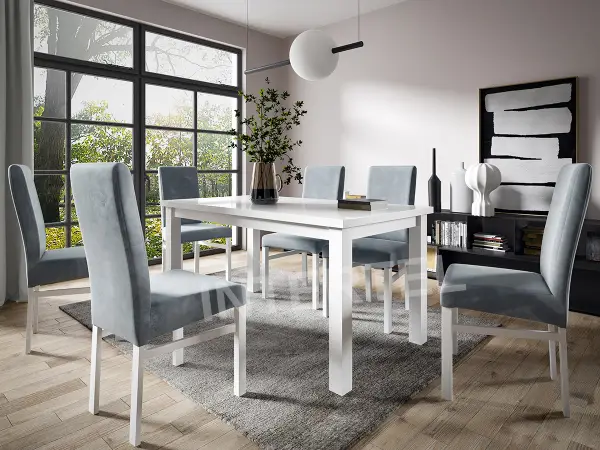 Zestaw do jadalni stół rozkładany BRILLANT 80x150-190 i 6 krzeseł MODERN M3 biały / biały połysk