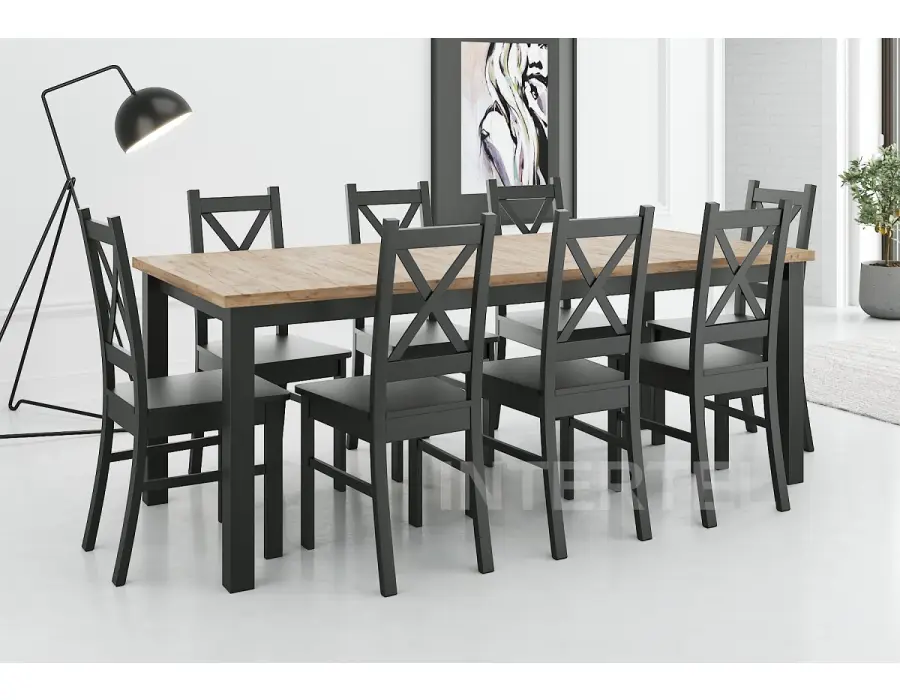 Zestaw 8 osobowy do  jadalni: stół SZTOKHOLM 90x200-300 i drewniane czarne krzesła SKANDI