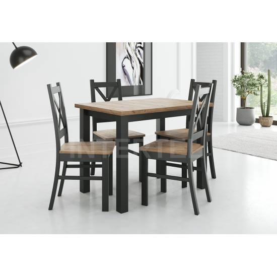 Zestaw 4 osobowy do  jadalni: stół SZTOKHOLM 70 x 100 i drewniane krzesła SKANDI kraft złoty / czarny