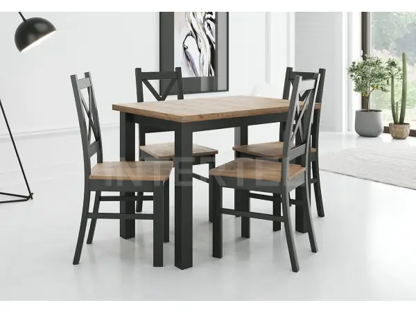 OD RĘKI ! Zestaw 4 osobowy do  jadalni: stół SZTOKHOLM 70 x 100 i drewniane krzesła SKANDI kraft złoty / czarny