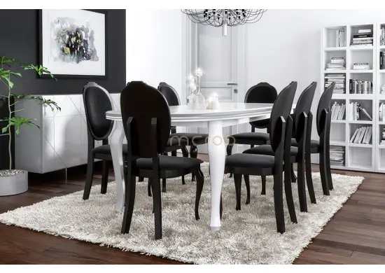 Komplet glamour stół owalny MERSO LC 100x200-250 i czarne krzesła SONIA 8 sztuk