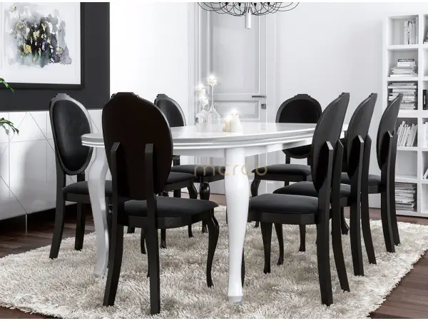 Komplet glamour stół owalny MERSO LC 100x200-250 i czarne krzesła SONIA 8 sztuk