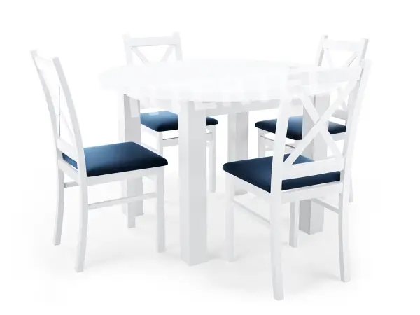 Biały zestaw 4 osobowy: okrągły stół 100+40 MODERN M37 i krzesła SKANDI