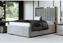 SUDAN łóżko tapicerowane 140x200 na nóżkach z ozdobną złotą listwą i przeszyciami pionowymi
