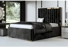SUDAN łóżko tapicerowane 200x200 na nóżkach z ozdobną złotą listwą i przeszyciami pionowymi