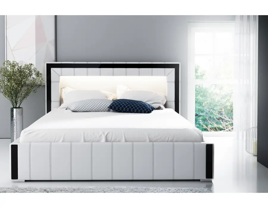 Łóżko werno w białej ekoskórze - czarne przeszycia