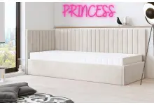 CARLOS SL 01 narożne, pojedyncze łóżko tapicerowane 90x200 ze stelażem, wysokie oparcie i zagłowie pionowe przeszycia, bez pojemnika