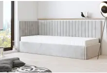 CARLOS SM 02 narożne, pojedyncze łóżko tapicerowane 90x200 w tkaninie Riviera 82 popiel  pojemnik, stelaż metalowy, lewe