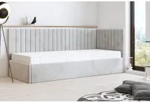 CARLOS SM 02 narożne, pojedyncze łóżko tapicerowane 90x200 w tkaninie Riviera 82 popiel  pojemnik, stelaż metalowy, prawe