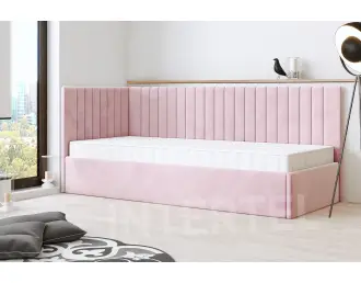 CARLOS SL 01 narożne, pojedyncze łóżko tapicerowane 80x200 ze stelażem, wysokie oparcie i zagłowie pionowe przeszycia, bez pojemnika
