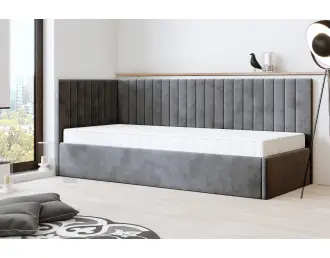 OD RĘKI ! CARLOS SM 02 narożne łóżko tapicerowane 100x200 z pojemnikiem, stelaż metalowy, tkanina Riviera 95 ciemny szary, lewe