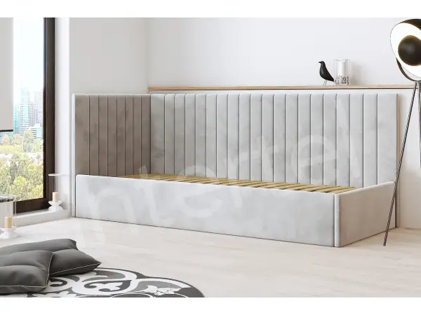 CARLOS SL 01 narożne, pojedyncze łóżko tapicerowane 90x200 ze stelażem, wysokie oparcie i zagłowie pionowe przeszycia, bez pojemnika