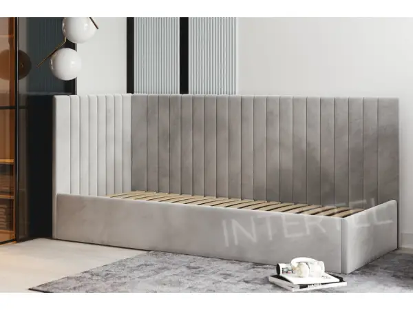 CARLOS SM 02 narożne, pojedyncze łóżko tapicerowane 100x200  pojemnik, stelaż metalowy, wysokie oparcie i zagłowie pionowe przeszycia