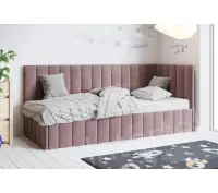 DENIS SM 02 narożne, jednoosobowe łóżko tapicerowane 120x200  pojemnik, stelaż metalowy, wysokie oparcie i zagłowie pionowe przeszycia