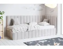DENIS SM 02 narożne, pojedyncze łóżko tapicerowane 100x200  pojemnik, stelaż metalowy, wysokie oparcie i zagłowie pionowe przeszycia