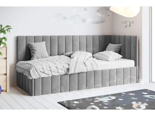 DENIS SM 02 narożne, pojedyncze łóżko tapicerowane 90x200  pojemnik, stelaż metalowy, wysokie oparcie i zagłowie pionowe przeszycia