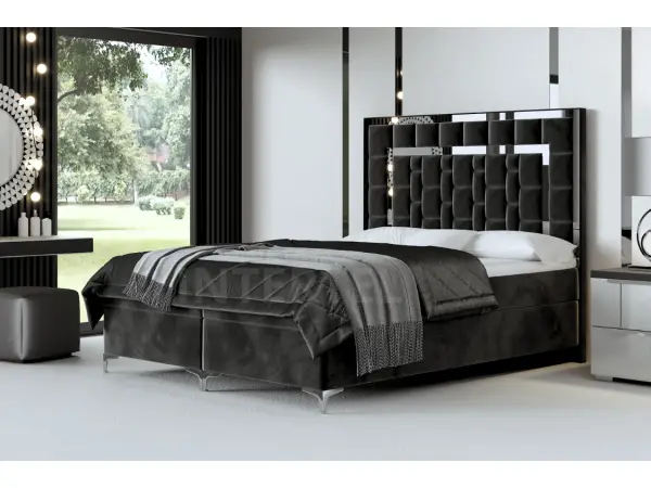Nowoczesne łóżko kontynentalne 180x200 BERLIN 1M zagłowie tapicerowane panelami z metalową ramą, wygodne z materacem