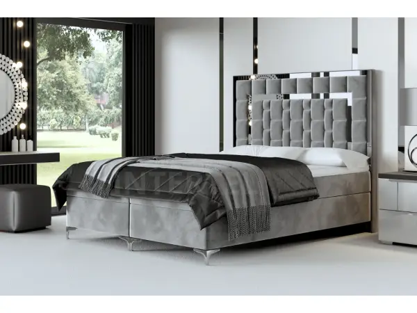 Duże, eleganckie łóżko kontynentalne 200x200 BERLIN 1M zagłowie tapicerowane panelami z metalową ramą, wygodne z materacem