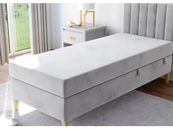 INTARO A10 młodzieżowe łóżko kontynentalne  z materacem 120x200 zagłowie tapicerowane z pionowymi przeszyciami, z pojemnikiem, nóżki dębowe