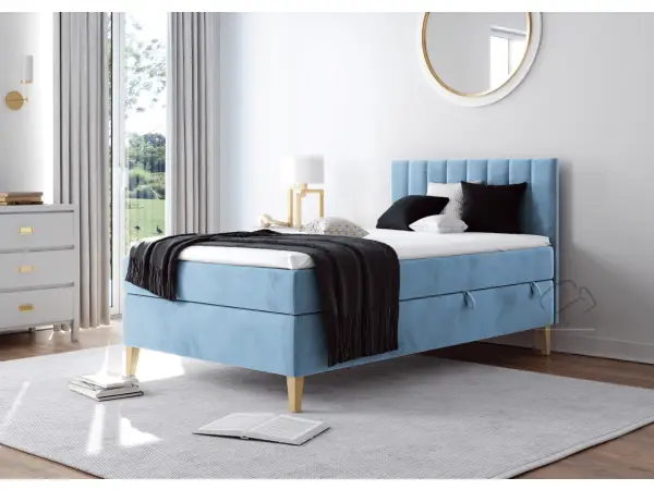 INTARO A10 pojedyncze łóżko kontynentalne młodzieżowe z materacem 80x200  zagłowie tapicerowane z pionowymi przeszyciami, z pojemnikiem,  nóżki dębowe
