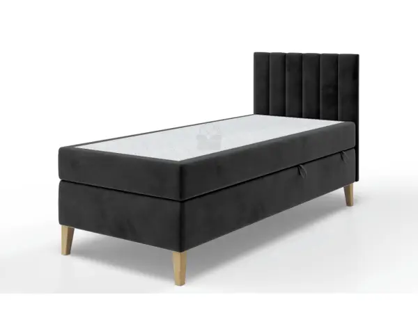 INTARO A10 łóżko kontynentalne z materacem 100x200 zagłowie tapicerowane z pionowymi przeszyciami, z pojemnikiem,  nóżki dębowe
