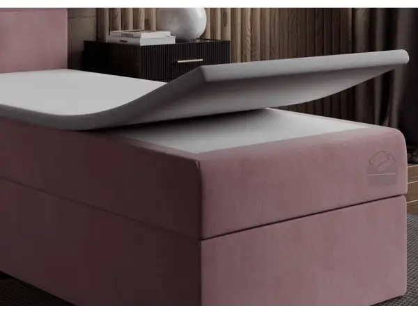INTARO A10 pojedyncze łóżko kontynentalne młodzieżowe z materacem 80x200  zagłowie tapicerowane z pionowymi przeszyciami, z pojemnikiem,  nóżki dębowe