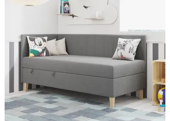 INTARO A16 pojedyncze łóżko tapicerowane 100x200  z zagłowiem i osłoną boczną z przeszyciami oraz pojemnikiem