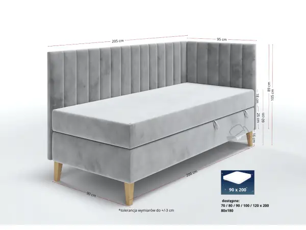 OD RĘKI !  INTARO A16 pojedyncze łóżko tapicerowane 90x200 z pojemnikiem i materacem pocket clasic comfort. Zagłowie i osłona boczna z przesz