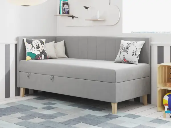 INTARO A16 pojedyncze łóżko tapicerowane 90x200  z zagłowiem i osłoną boczną z przeszyciami oraz pojemnikiem