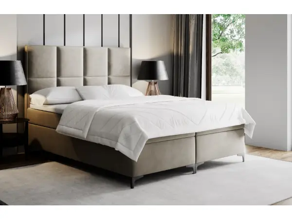 MEROO 4M łóżko kontynentalne 200x200 z pojemnikiem, wysokie zagłowie z przeszyciami, chromowane nóżki