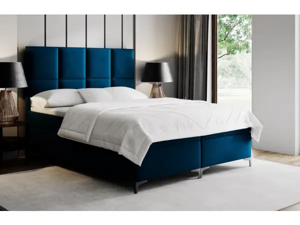 MEROO 4M łóżko kontynentalne 200x200 z pojemnikiem, wysokie zagłowie z przeszyciami, chromowane nóżki