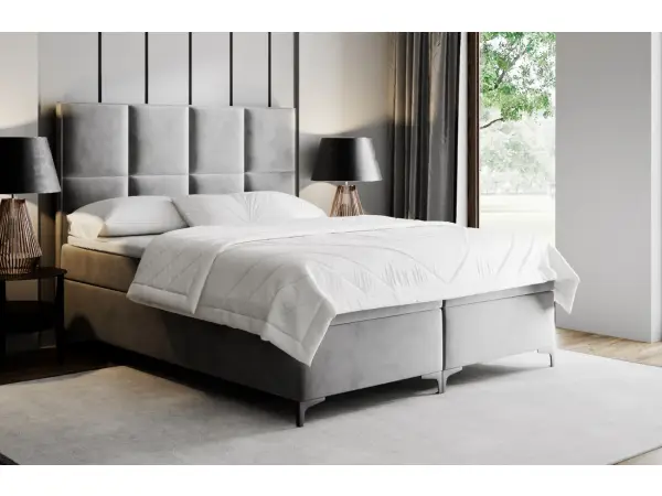 MEROO 4M łóżko kontynentalne 180x200 z pojemnikiem, wysokie zagłowie z przeszyciami, chromowane nóżki