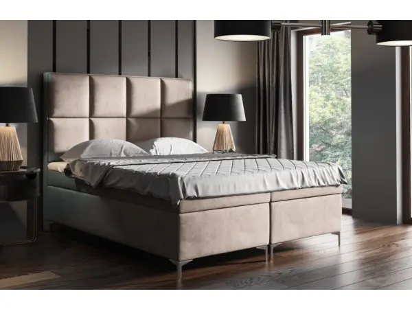MEROO 4M łóżko kontynentalne 140x200 z pojemnikiem, wysokie zagłowie z przeszyciami, chromowane nóżki