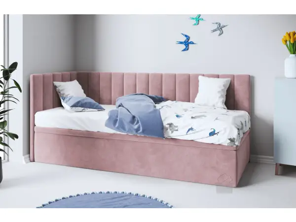 OD RĘKI ! INTARO A44 narożne łóżko 90x200 z pojemnikiem tapicerowane w tkaninie Jasmine 61, lewe