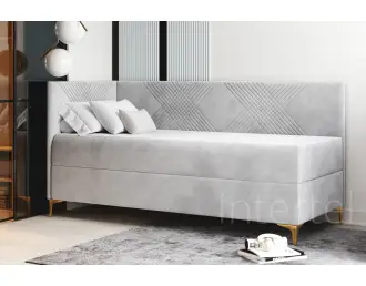 MATRIX 2M  nowoczesne łóżko tapicerowane dla nastolatka 100x200 z pojemnikiem i materacem, przeszycie X, nóżka złota chrom