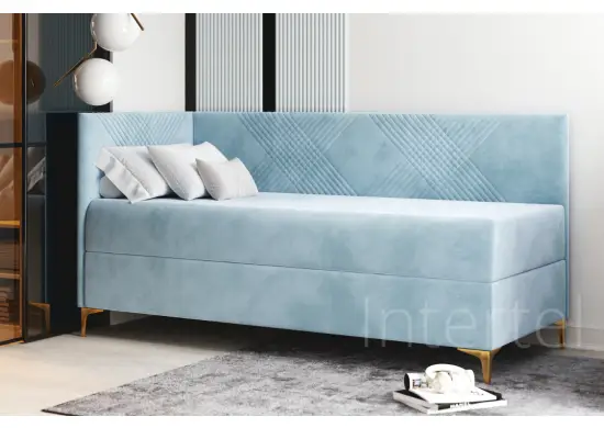 MATRIX 2M nowoczesne łóżko jednoosobowe, tapicerowane 70x200 z pojemnikiem i materacem, przeszycie X, nóżka złota chrom