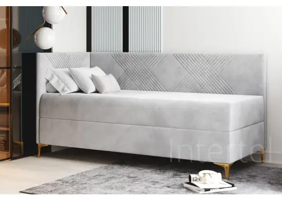 MATRIX 2M nowoczesne łóżko jednoosobowe, tapicerowane 70x200 z pojemnikiem i materacem, przeszycie X, nóżka złota chrom