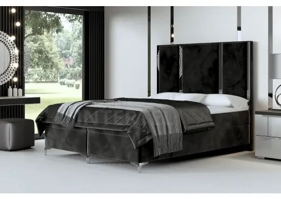 Luksusowe łóżko kontynentalne 140x200 MEDIOLAN 1M zagłowie pionowe panele tapicerowane z metalową listwą ozdobną, wygodne z materacem
