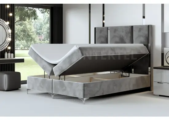 Eleganckie łóżko sypialniane kontynentalne 200x200 MEDIOLAN 1M zagłowie pionowe panele tapicerowane z metalową listwą ozdobną, wygodne z materacem