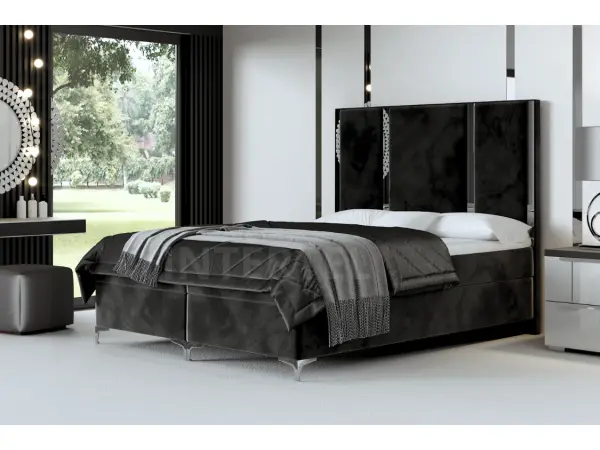 Luksusowe, dwuosobowe łóżko kontynentalne 160x200 MEDIOLAN 1M zagłowie pionowe panele tapicerowane z metalową listwą ozdobną, wygodne z materacem