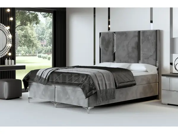 Eleganckie, wygodne łóżko kontynentalne 180x200 MEDIOLAN 1M zagłowie pionowe panele tapicerowane z metalową listwą ozdobną i materacem