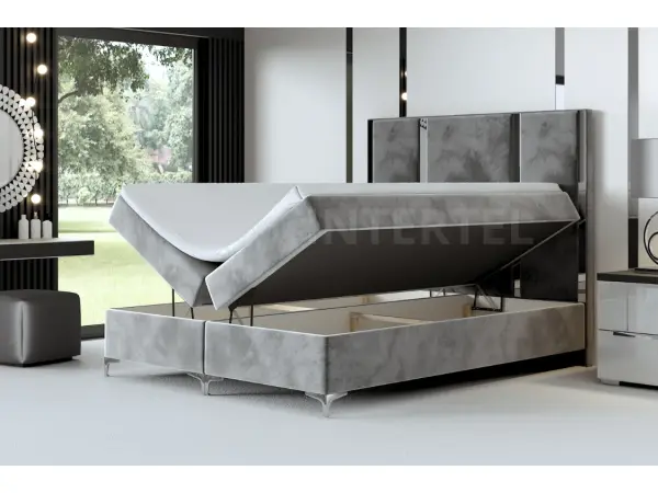Luksusowe, dwuosobowe łóżko kontynentalne 160x200 MEDIOLAN 1M zagłowie pionowe panele tapicerowane z metalową listwą ozdobną, wygodne z materacem