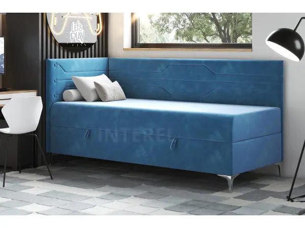 PLAY 2M jednoosobowe, wygodne łóżko tapicerowane z materacem 90x200 z pojemnikiem, nóżki metal